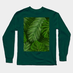 Tropical Green Leaves on Black Long Sleeve T-Shirt